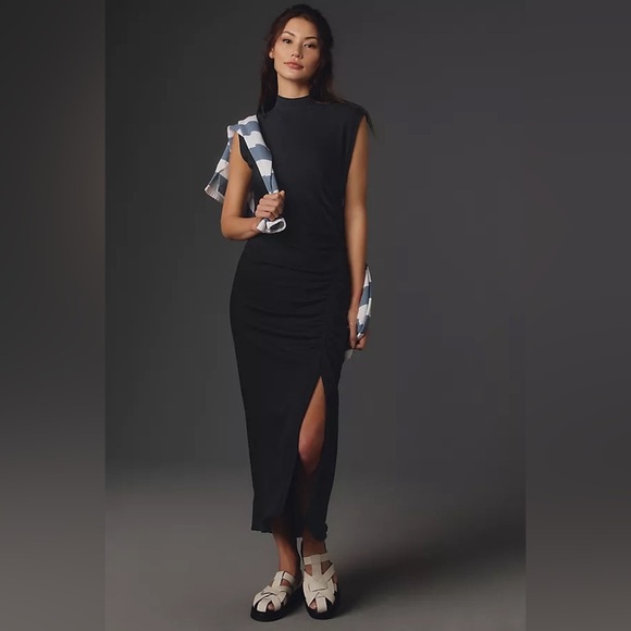 NWT! Black Daily Practice by Anthropologie Mock-Neck Ruched Midi Dress 🏀 - Picture 1 of 6